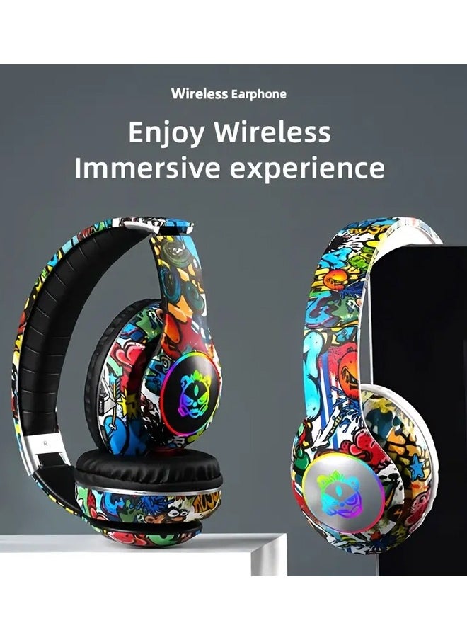 Wireless Foldable Bluetooth Headphones over Ear Cool Graffiti Led Illuminated Gaming Headset Noise Cancelling Headphones with Built-in Microphone for Phone Computer, Scalable Music Headphone Gift for