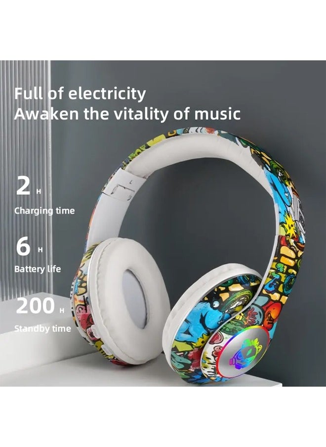 Wireless Foldable Bluetooth Headphones over Ear Cool Graffiti Led Illuminated Gaming Headset Noise Cancelling Headphones with Built-in Microphone for Phone Computer, Scalable Music Headphone Gift for