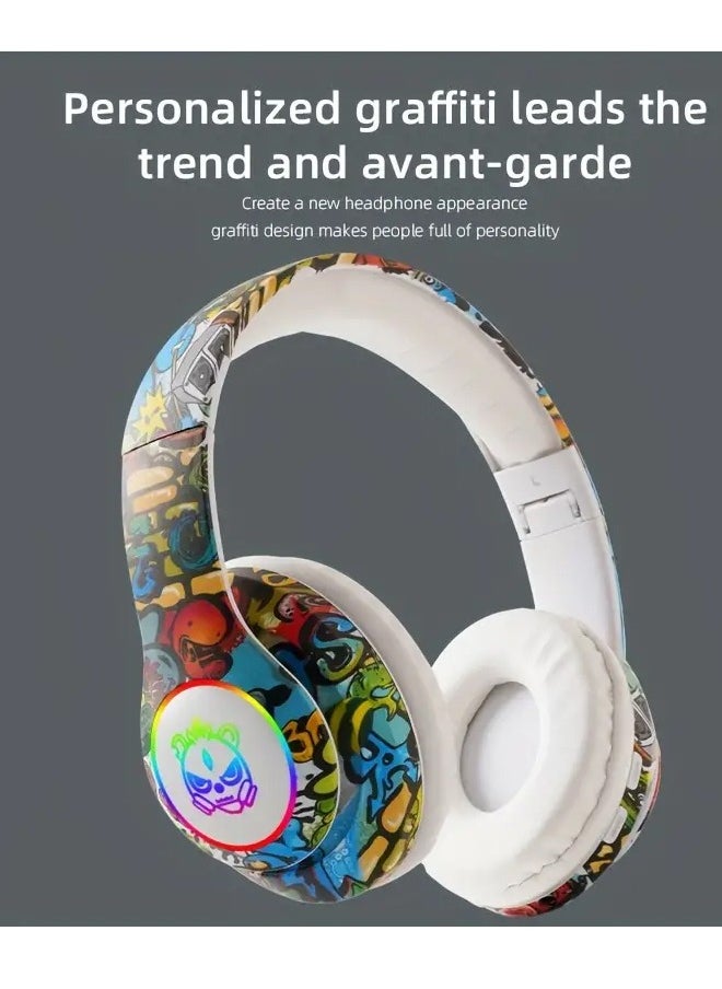 Wireless Foldable Bluetooth Headphones over Ear Cool Graffiti Led Illuminated Gaming Headset Noise Cancelling Headphones with Built-in Microphone for Phone Computer, Scalable Music Headphone Gift for