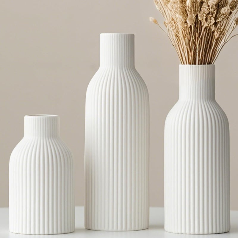 Modern Ceramic Vases Set of 3 White Ribbed Decorative Vases Shelf Table Centerpiece for Home Decor White