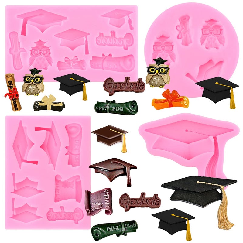 Graduation Molds Silicone Graduation Fondant Mold Owl Grad Cap Diploma Scroll Silicone Molds For Cake Decoration Chocolate Polymer Clay Gum Past Set Of 4