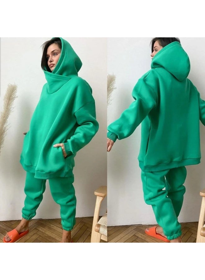 NIBEMINENT طقم هودي نسائي مكون من قطعتين بلون موحد دافئ برقبة عالية بطول ميدي مع جيوب جانبية سُترة عادية وسروال جري مناسب للشارع والاحتفالات - Image 1