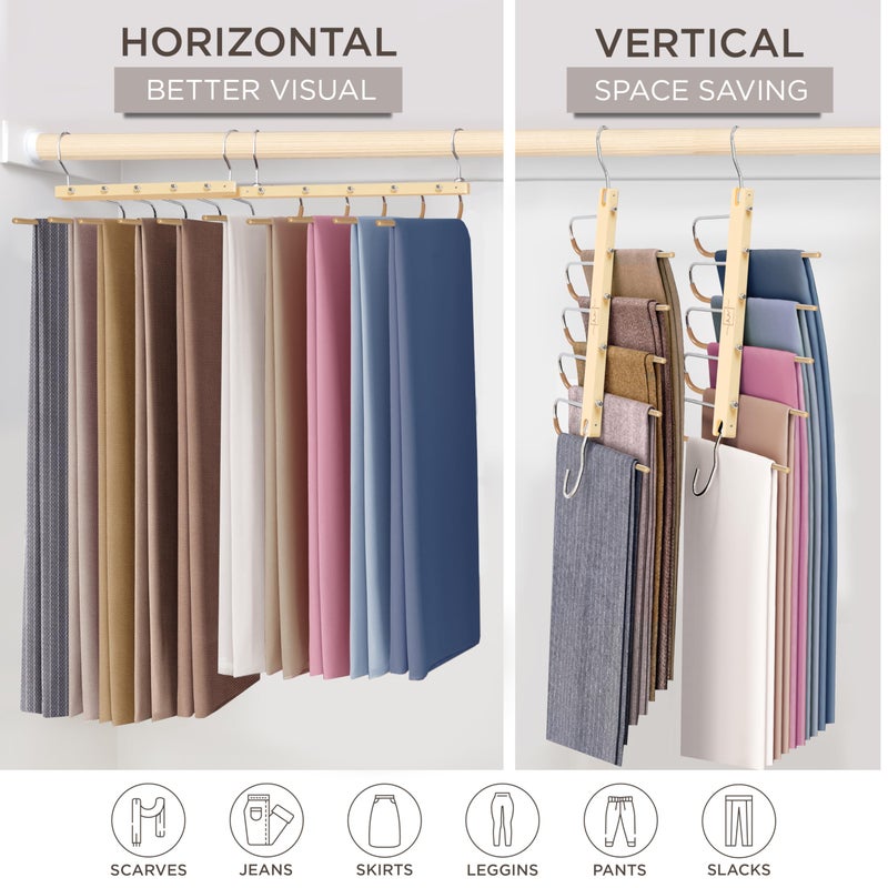 MORALVE Pants Hangers Space Saving - 2 Pack European Beechwood Scarf and Jean Hangers - Closet Organizer and Space Saver Pant Rack, Leggings Hanger, and Scarf Holder with 360Â° Swivel Hook - Image 4