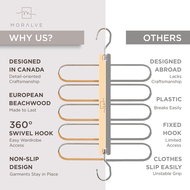 MORALVE Pants Hangers Space Saving - 2 Pack European Beechwood Scarf and Jean Hangers - Closet Organizer and Space Saver Pant Rack, Leggings Hanger, and Scarf Holder with 360Â° Swivel Hook - Image 5