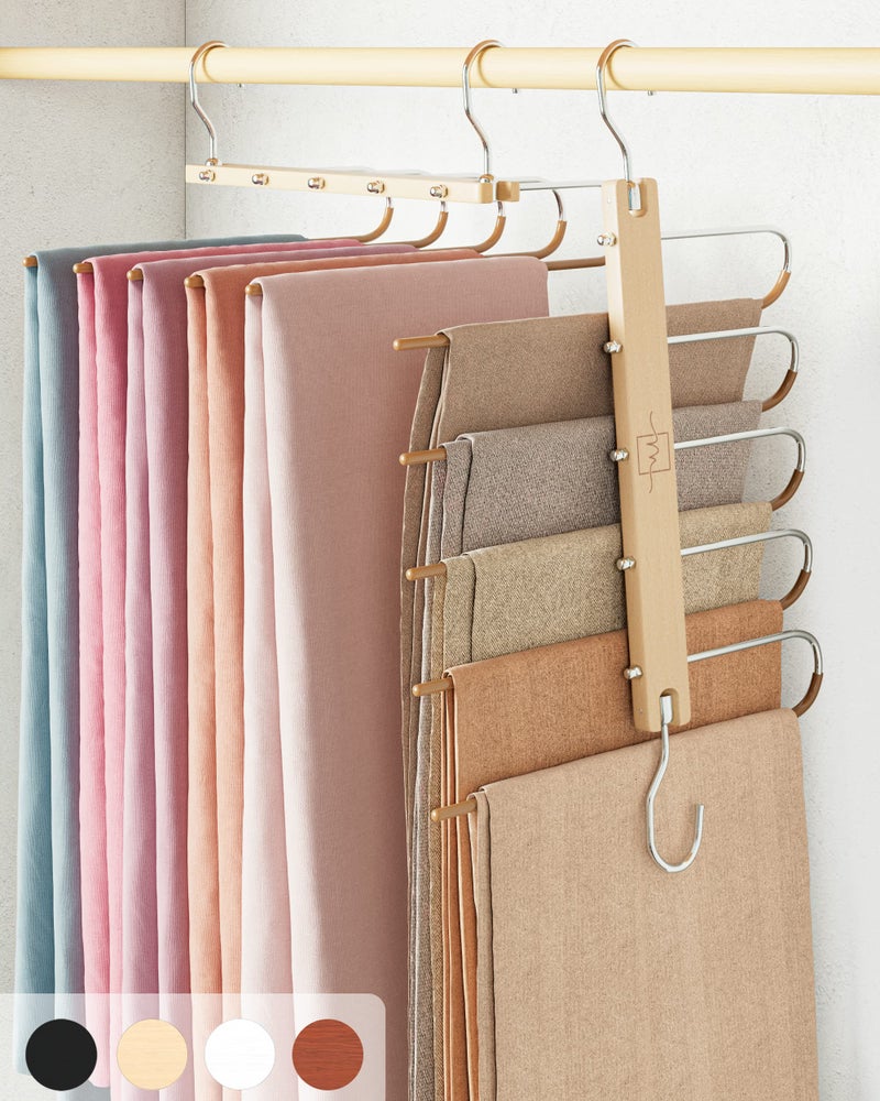 MORALVE Pants Hangers Space Saving - 2 Pack European Beechwood Scarf and Jean Hangers - Closet Organizer and Space Saver Pant Rack, Leggings Hanger, and Scarf Holder with 360Â° Swivel Hook - Image 1