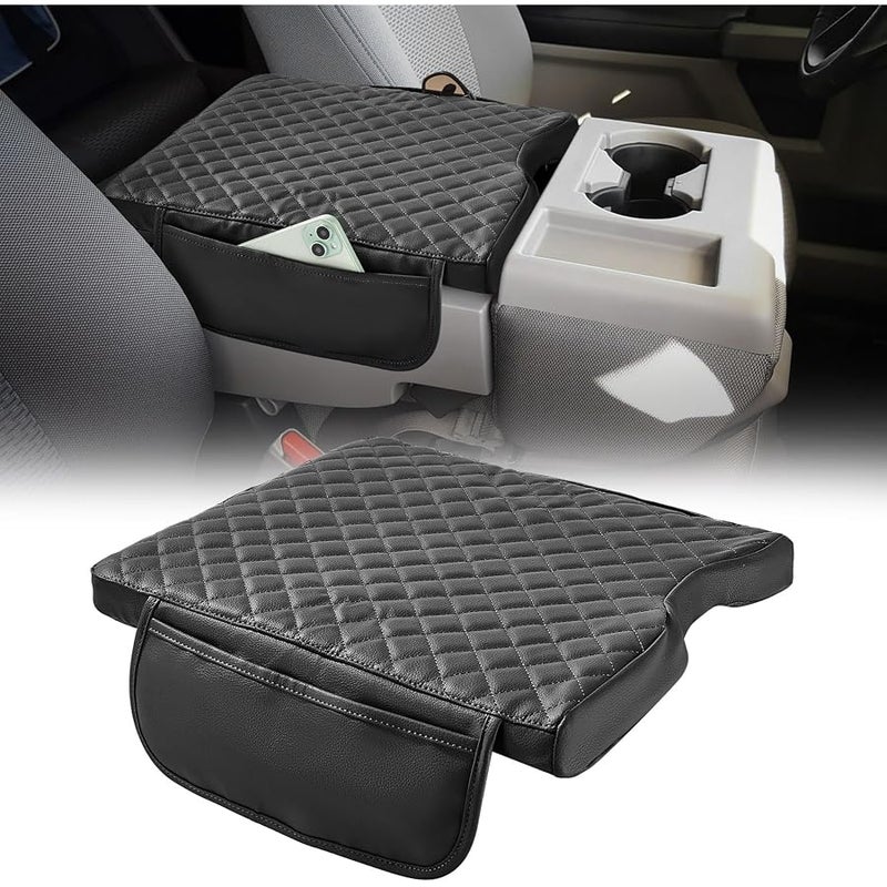 JOYTUTUS Center Console Cover Compatible with 2015-2024 F150, 2017-2024 F250 F350 F450 with 40/20/40 Jump Seat, Leather Armrest Cover Center Console Cushion with Side Pockets (Jump Seat Only) (Black) - Image 1