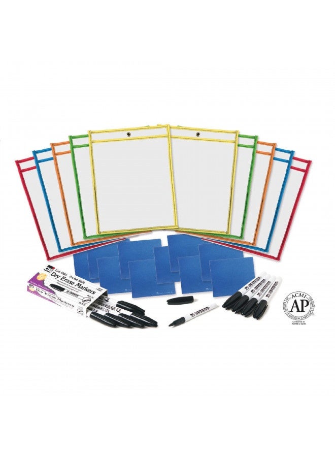 Charles Leonard Reusable Clear Dry Erase Pockets Class Pack, Includes 10 Each Of Pockets/Markers/Cloth Erasers (29130) - Image 2