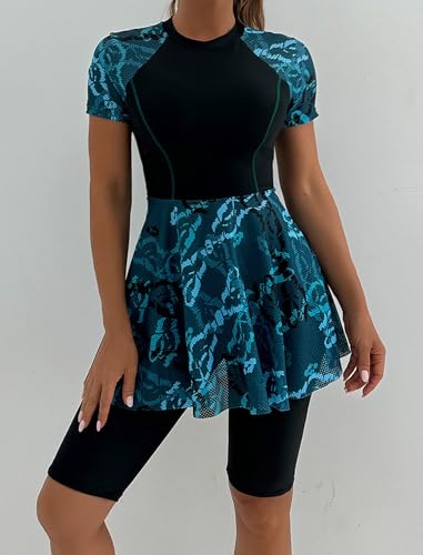 ABAFIP Womens Rash Guard Short Sleeve Swimdress Bathing Suit with Shorts 2PC Floral Print Modest Swimwear Black Small - Image 3