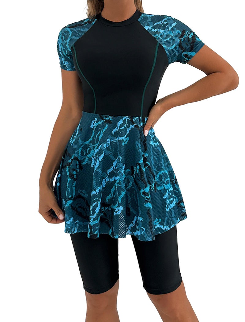 ABAFIP Womens Rash Guard Short Sleeve Swimdress Bathing Suit with Shorts 2PC Floral Print Modest Swimwear Black Small - Image 2