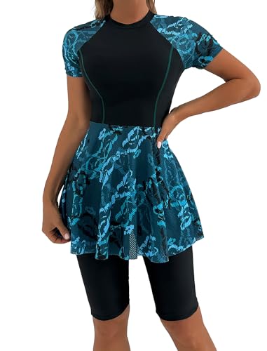ABAFIP Womens Rash Guard Short Sleeve Swimdress Bathing Suit with Shorts 2PC Floral Print Modest Swimwear Black Small - Image 1