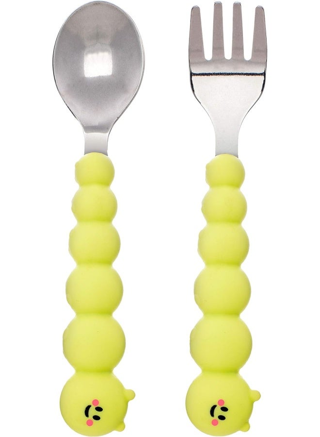 melii Caterpillar Spoon and Fork Set for Toddlers - Silicone and Stainless Steel Utensils with Easy Grip Handles - BPA Free and Durable - Yellow - Image 1