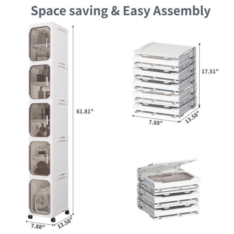 KHNR 5-Tiers Slim Bathroom Storage Cabinet, Foldable Storage Cabinets,Narrow Bathroom Storage,Movable Bathroom Storage Organizer for Small Spaces,Bathroom,Kitchen,Laundry,White - Image 2