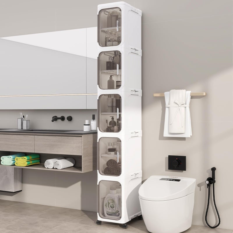 KHNR 5-Tiers Slim Bathroom Storage Cabinet, Foldable Storage Cabinets,Narrow Bathroom Storage,Movable Bathroom Storage Organizer for Small Spaces,Bathroom,Kitchen,Laundry,White - Image 1