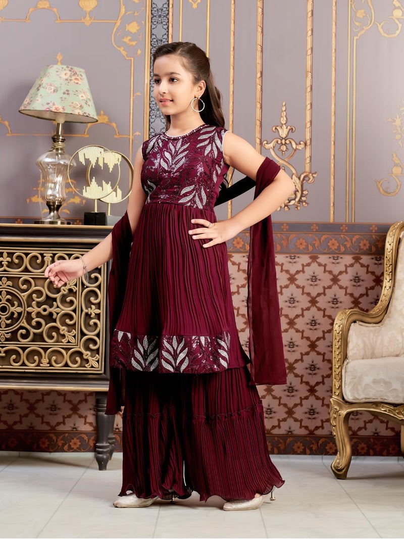 aarikka Aarika Girls Ethnic Wear Purple Colour Sequin Thread Embroidery Georgette Kurti Sharara Set (4-15 Years) - Image 3