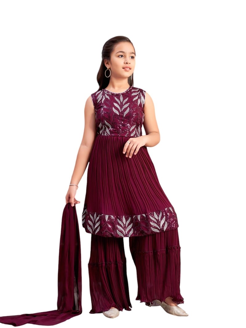 aarikka Aarika Girls Ethnic Wear Purple Colour Sequin Thread Embroidery Georgette Kurti Sharara Set (4-15 Years) - Image 1