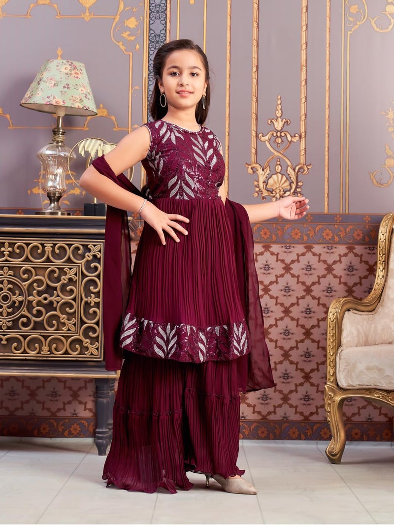 aarikka Aarika Girls Ethnic Wear Purple Colour Sequin Thread Embroidery Georgette Kurti Sharara Set (4-15 Years) - Image 2