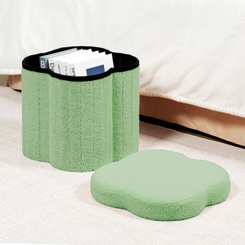 B FSOBEIIALEO Storage Ottoman Cube, Flowers Shaped Ottomans with Storage Foot Stool Footrest for Lving Room, Boucle Ottoman Seat for Dorm Room,Faux Teddy Fur, Green 12.6"x12.6"x12.6" - Image 2