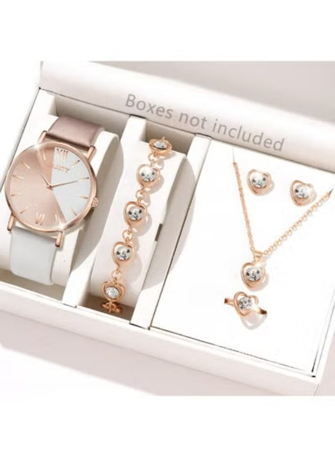 GAIETY Ladies Rose Gold White PU Strap Roman Dial Watch and Diamond Heart Necklace Bracelet Ring Earring Jewelry Set 5 Pcs - Image 1