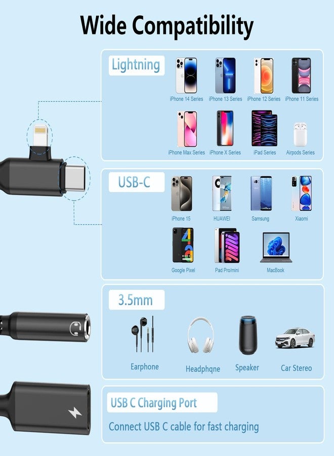 MTAKYI 2-in-2 Lightning & USB C to 3.5mm Aux Audio Jack Headphone+Type-C Charge Cable Splitter，Earphone Converter Adapter for Music+Charge+HiFi for iPhone14 13 12,iPad,Samsung【Apple MFi Certified】-Black - Image 3