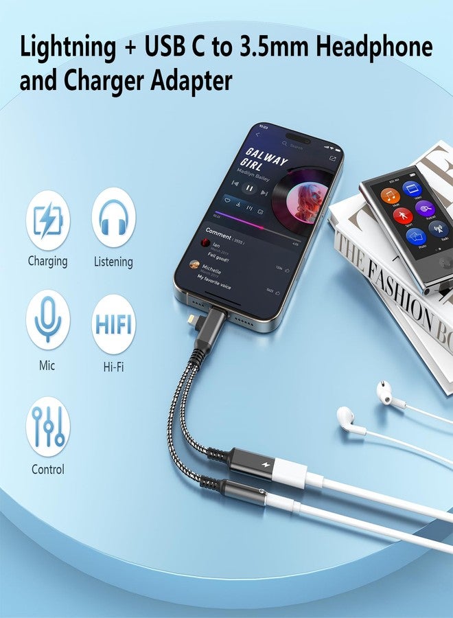 MTAKYI 2-in-2 Lightning & USB C to 3.5mm Aux Audio Jack Headphone+Type-C Charge Cable Splitter，Earphone Converter Adapter for Music+Charge+HiFi for iPhone14 13 12,iPad,Samsung【Apple MFi Certified】-Black - Image 2