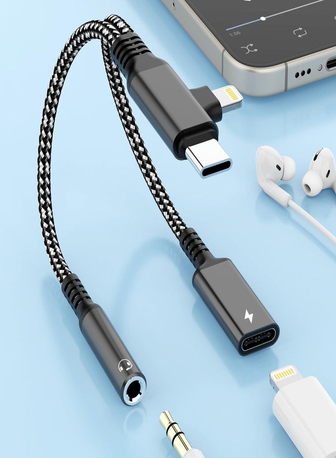 MTAKYI 2-in-2 Lightning & USB C to 3.5mm Aux Audio Jack Headphone+Type-C Charge Cable Splitter，Earphone Converter Adapter for Music+Charge+HiFi for iPhone14 13 12,iPad,Samsung【Apple MFi Certified】-Black - Image 1
