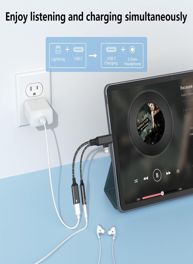 MTAKYI 2-in-2 Lightning & USB C to 3.5mm Aux Audio Jack Headphone+Type-C Charge Cable Splitter，Earphone Converter Adapter for Music+Charge+HiFi for iPhone14 13 12,iPad,Samsung【Apple MFi Certified】-Black - Image 5