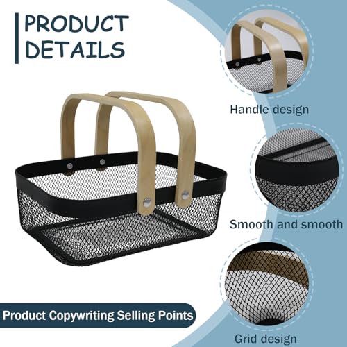 Mowhut 2 Set Potato and Onion Storage Bin, Fruit Basket for Kitchen Counter, Metal Wire Basket with Wooden Handle, Pantry Organizers and Storage Containers for Produce Vegetable Garlic, Black - Image 2