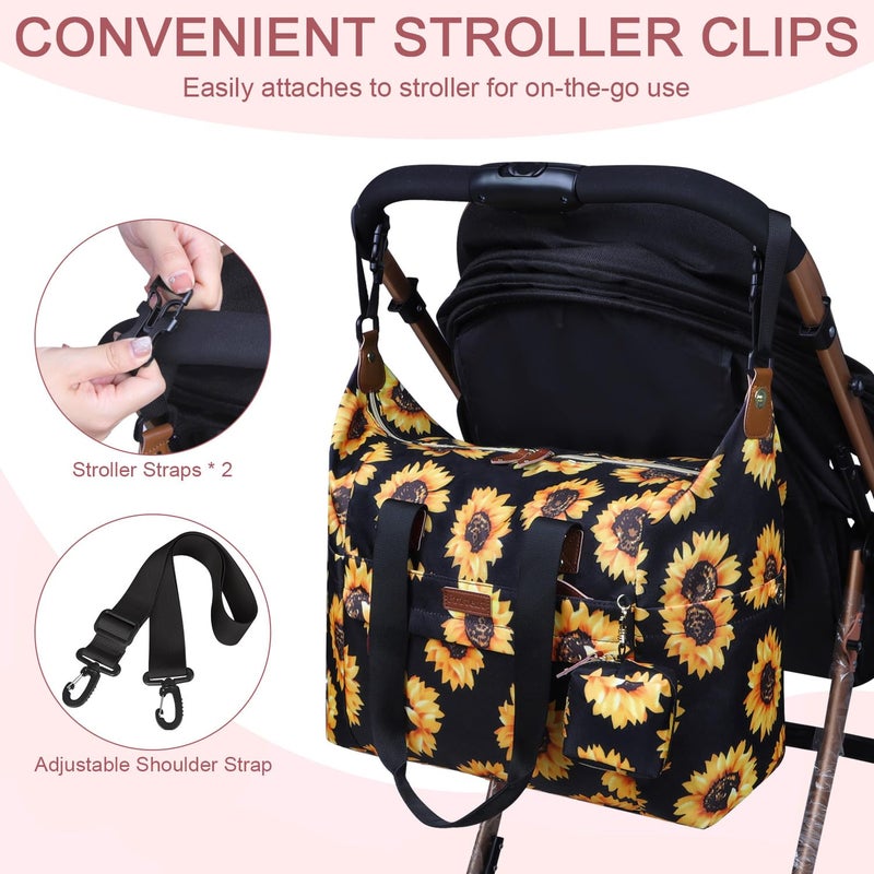 Pritent Diaper Bag Tote - Diaper Baby Bags With Pacifier Case  Shoulder Straps  Stroller Clips  Waterproof Large Mommy Maternity Travel Baby Bag For Mom And Dad  Sunflower  Medium - Image 4