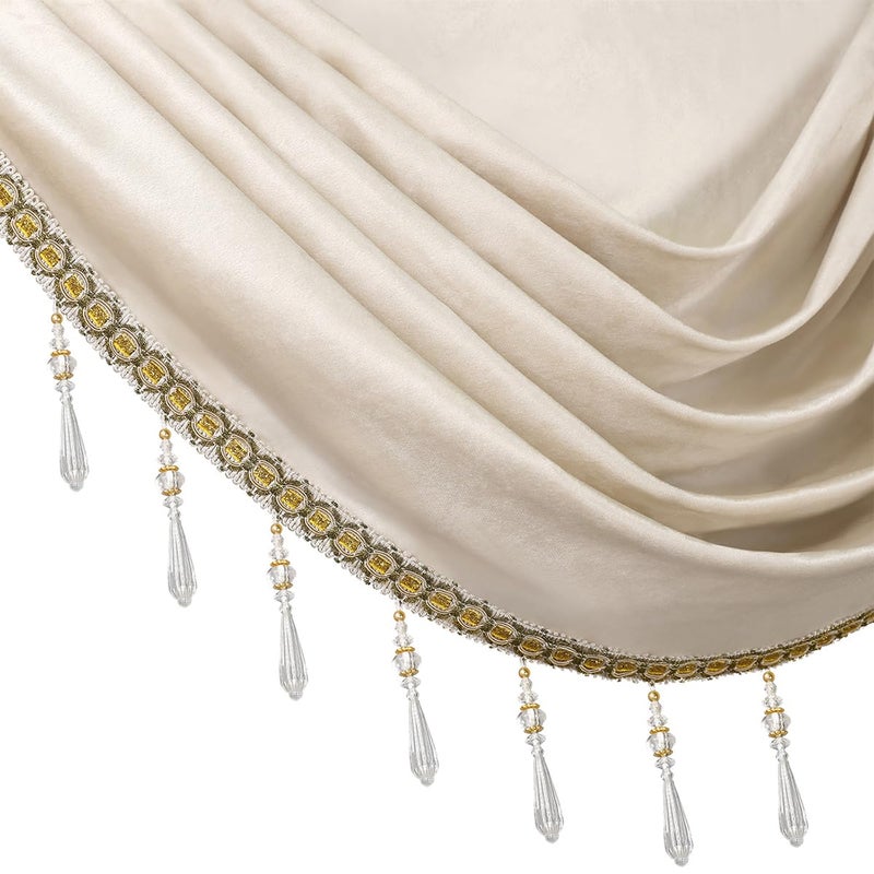 ELKCA Luxury Cream Velvet Curtain Valances for Living Room with Beads(39inch,1 Panel) - Image 4