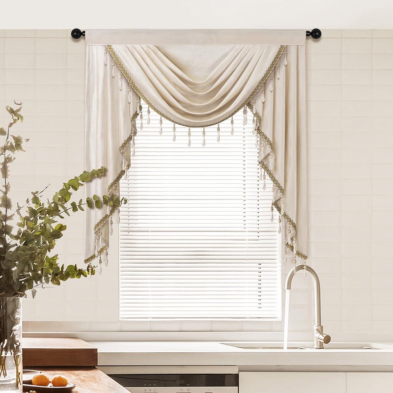 ELKCA Luxury Cream Velvet Curtain Valances for Living Room with Beads(39inch,1 Panel) - Image 5