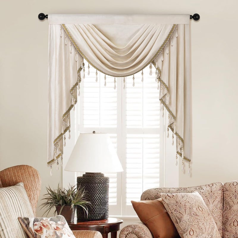 ELKCA Luxury Cream Velvet Curtain Valances for Living Room with Beads(39inch,1 Panel) - Image 1