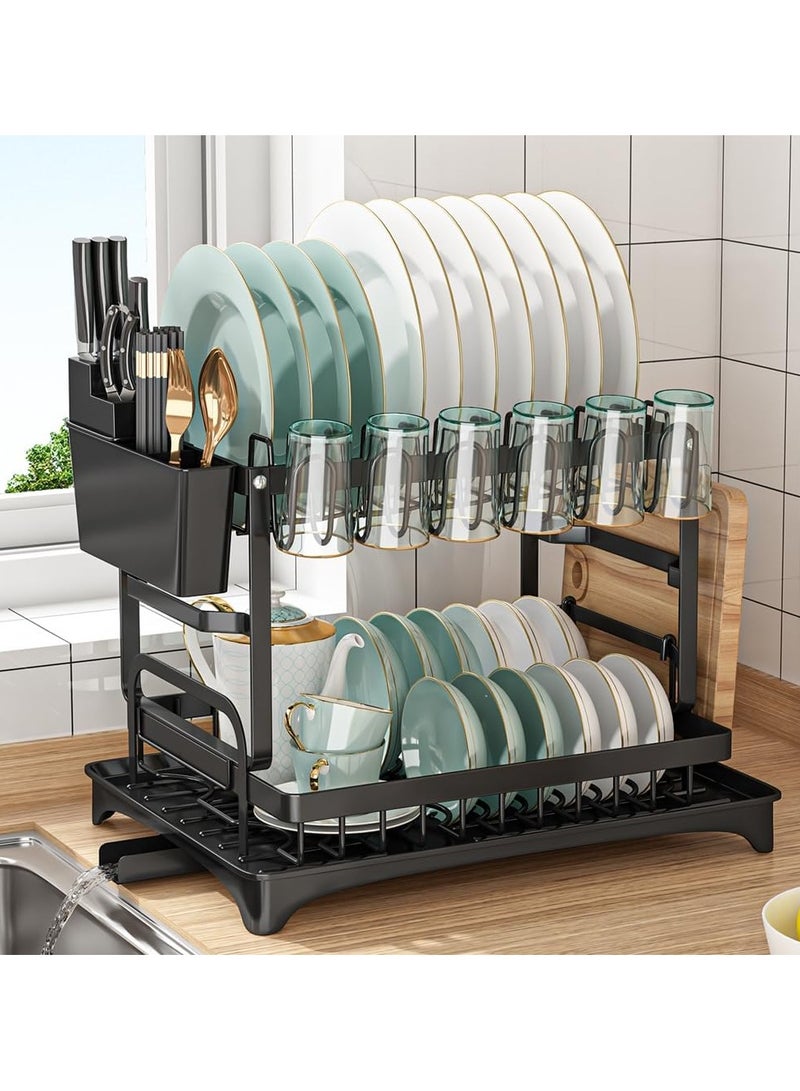 DubaiGallery Foldable 2 Tiers Dish Drying Stand With Rotatable Drainage System Scratch Resistant Frosted Baking Process Coatings Black  - Image 1