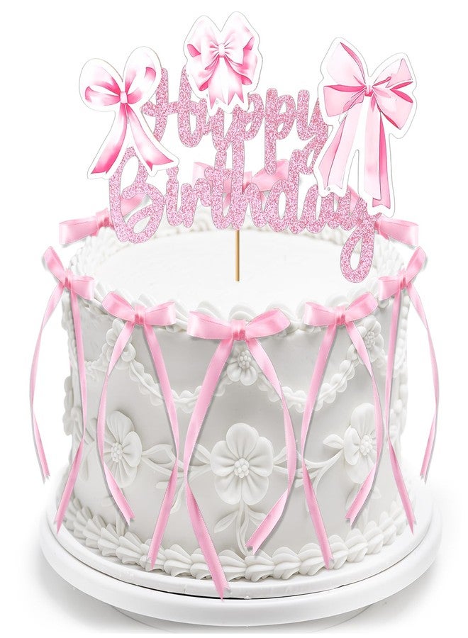 Tmtains 21Pcs Bow Cake Topper Pink Coquette Birthday Cake Decorations for Girl Cupcake Toppers with Glitter Happy Birthday Sign Cute Bow Theme Party Supplies Ribbon Decor for Bridal Engagement Wedding - Image 1