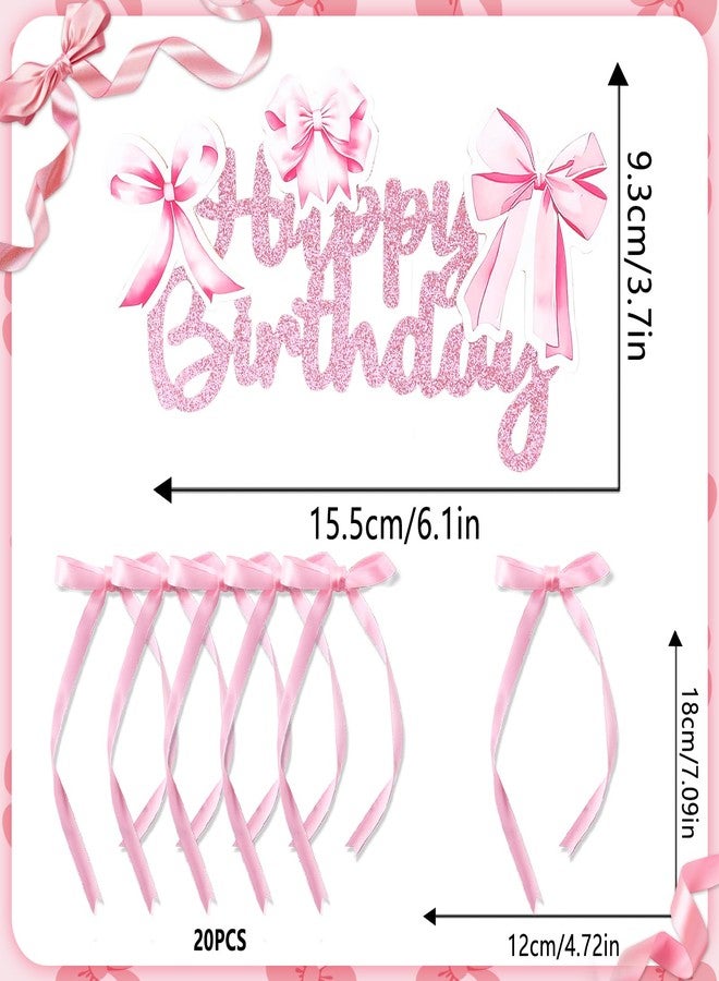 Tmtains 21Pcs Bow Cake Topper Pink Coquette Birthday Cake Decorations for Girl Cupcake Toppers with Glitter Happy Birthday Sign Cute Bow Theme Party Supplies Ribbon Decor for Bridal Engagement Wedding - Image 2