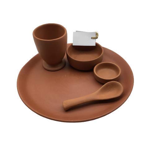 SHRIYAM CRAFT Terracotta Earthen Traditional Dinner Thali Set, Plate, Glass, Bowls Including Pickle Bowl and Spoon (Brown) - Image 3