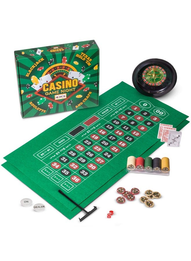 Brybelly Casino Night 4-In-1 Complete Game Set With Felts, Wheel, 100 Chips, Dice & Cards For Blackjack, Craps, Roulette & Texas Hold'Em - Green Felt Double Sided Casino Tabletop Gaming Mat - Image 1