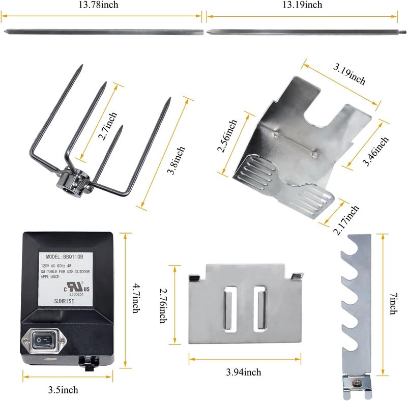 TuhooMall طقم دوار للشواء من الفولاذ المقاوم للصدأ عالي التحمل مع قضيب دوار 27 × 1/3 بوصة، محرك كهربائي من الفولاذ المقاوم للصدأ وملحقات دوار ضرورية (فولاذ مقاوم للصدأ، أسود جديد) - Image 2