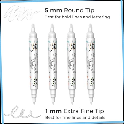 Funcils 4 Dual Tip White Paint Pen Extra Fine Tip Medium Permanent ink White Acrylic Paint Pen for Wood Fabric Glass Plastic Ceramic Rocks Coloring Book Art Acrylic Markers Quick Dry - Image 3