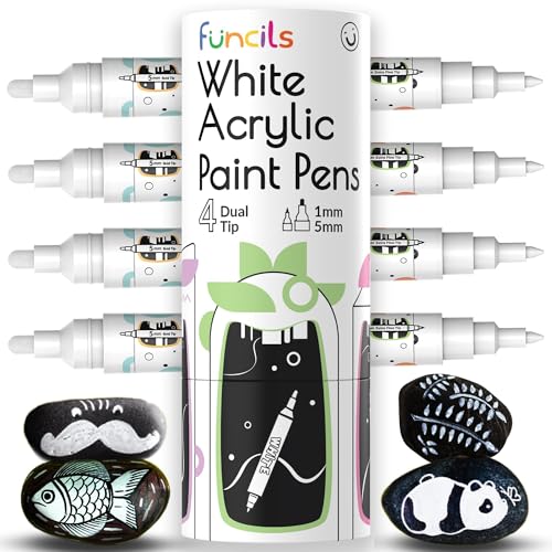 Funcils 4 Dual Tip White Paint Pen Extra Fine Tip Medium Permanent ink White Acrylic Paint Pen for Wood Fabric Glass Plastic Ceramic Rocks Coloring Book Art Acrylic Markers Quick Dry - Image 1