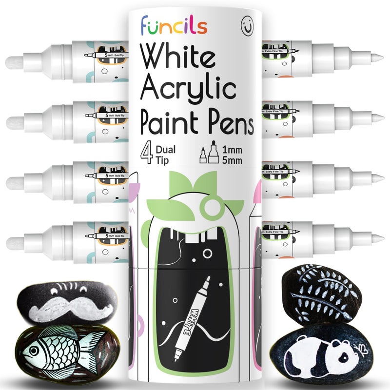 Funcils 4 Dual Tip White Paint Pen Extra Fine Tip Medium Permanent ink White Acrylic Paint Pen for Wood Fabric Glass Plastic Ceramic Rocks Coloring Book Art Acrylic Markers Quick Dry - Image 2
