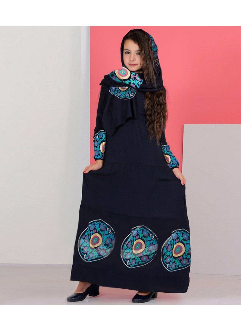 FULL JOY - Girls' Prayer Dress Made Of Viscose Cotton With A  Separate Veil  ,Navy - Image 1