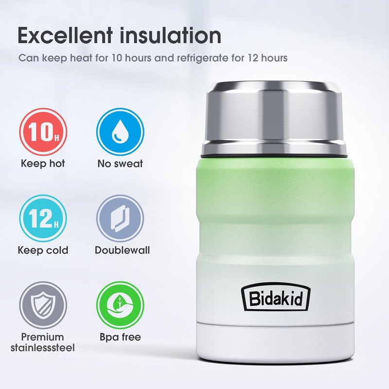 Bidakid Insulated Food Jar Set – 25.4oz & 17oz Stainless Steel Containers with Folding Spoon and Carrying Bags – Leak-Proof, Keeps Food Hot or Cold for up to 12 Hours – Ideal for Work, School, Travel - Image 2