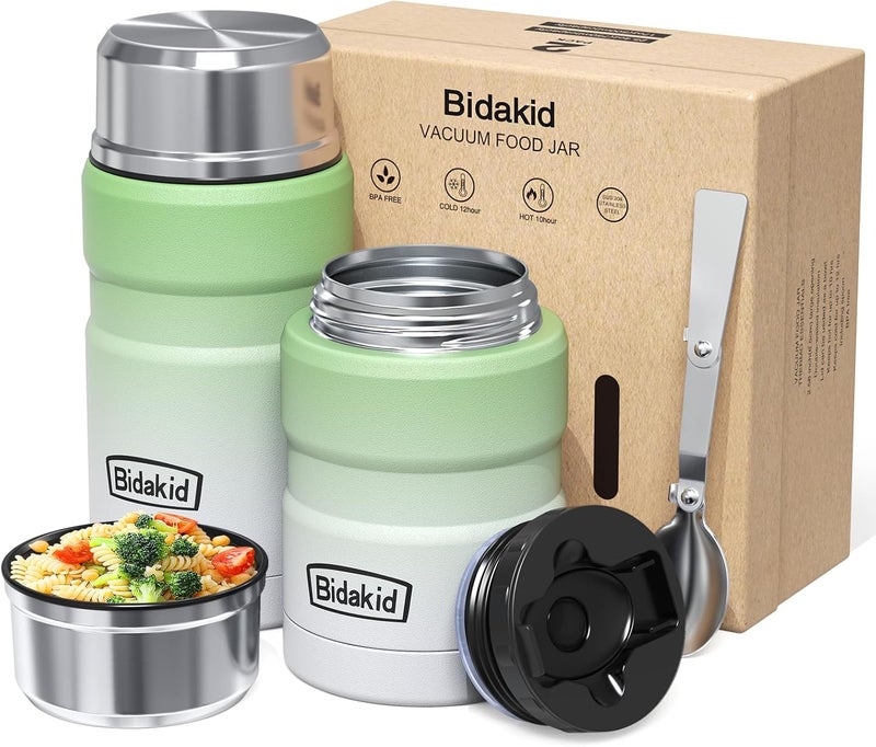 Bidakid Insulated Food Jar Set – 25.4oz & 17oz Stainless Steel Containers with Folding Spoon and Carrying Bags – Leak-Proof, Keeps Food Hot or Cold for up to 12 Hours – Ideal for Work, School, Travel - Image 1