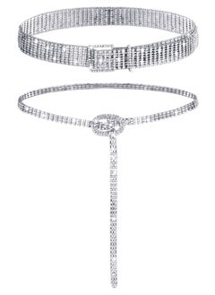 2 Pieces Women Rhinestone Belt for Dress Crystal Diamond Waist Belt Shiny Rhinestone Wide Waist Belt Ladies Belt and Ladies Dress Diamond Chain Belt, Silver,Medium, Fit Waist Size 27 to 34 Inch