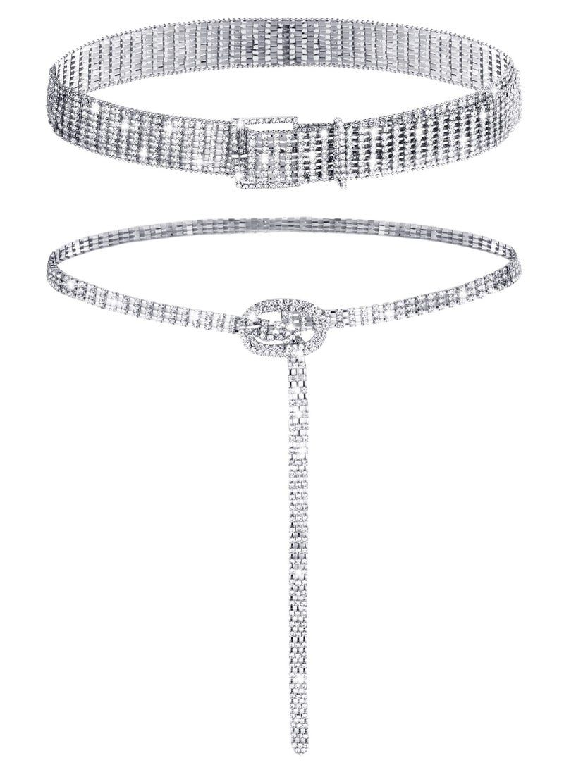 SYOSI - 2 Pieces Women Rhinestone Belt for Dress Crystal Diamond Waist Belt Shiny Rhinestone Wide Waist Belt Ladies Belt and Ladies Dress Diamond Chain Belt, Silver,Medium, Fit Waist Size 27 to 34 Inch - Image 1