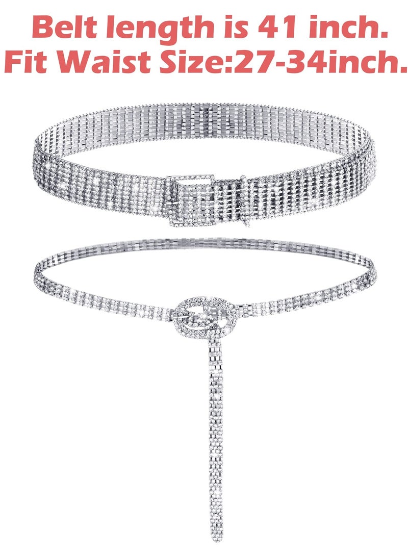 SYOSI - 2 Pieces Women Rhinestone Belt for Dress Crystal Diamond Waist Belt Shiny Rhinestone Wide Waist Belt Ladies Belt and Ladies Dress Diamond Chain Belt, Silver,Medium, Fit Waist Size 27 to 34 Inch - Image 1