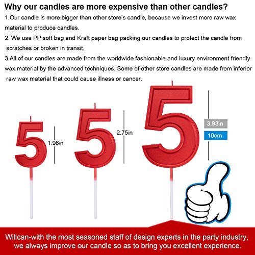 Willcan 3.93in Big Size Happy Birthday Metallic Red 5 Candles, Red Color Happy Birthday Cake Cupcake Toppers Decoration and Celebrating for Adults/Kids Party or Family Baking (3.93in red Number 5) - Image 2