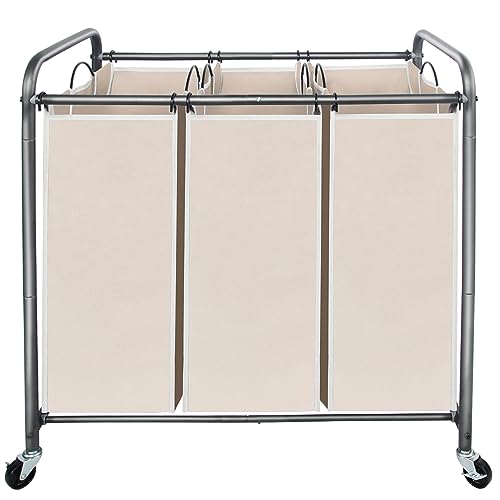 STO STO Laundry Sorter 3 Section, 3 Bag Clothes Hamper, Rolling Laundry Cart Basket with Heavy Duty Lockable Wheels and Removable Bag for Laundry Room, Bedroom, Closet, Beige - Image 1