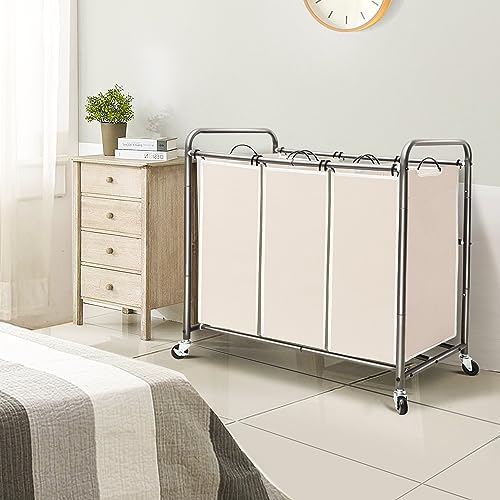 STO STO Laundry Sorter 3 Section, 3 Bag Clothes Hamper, Rolling Laundry Cart Basket with Heavy Duty Lockable Wheels and Removable Bag for Laundry Room, Bedroom, Closet, Beige - Image 2