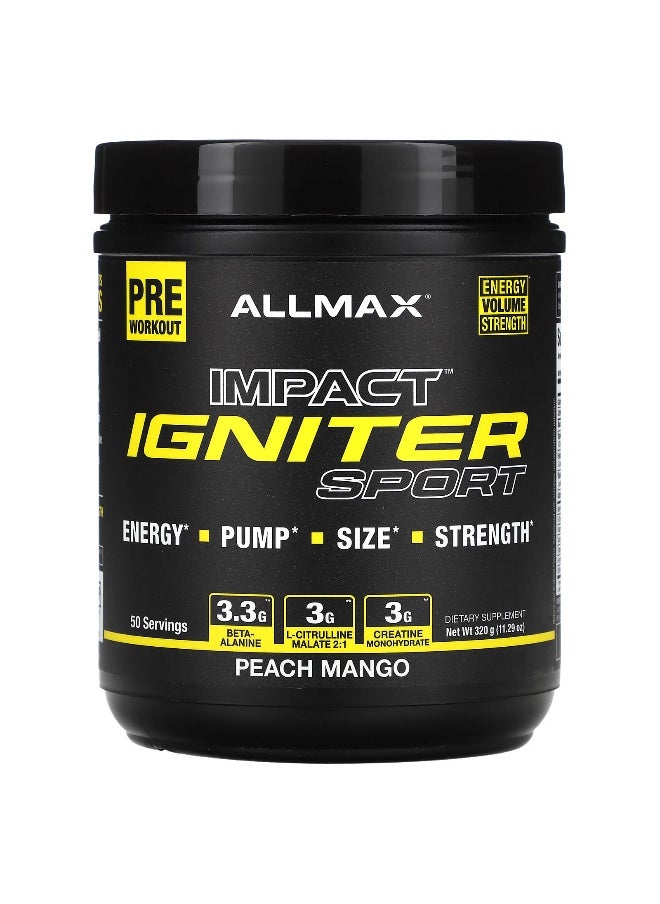 Allmax - ALLMAX, IMPACT™ IGNITER Sport , Pre-Workout, Peach Mango, 11.29 oz (320 g) - Image 1